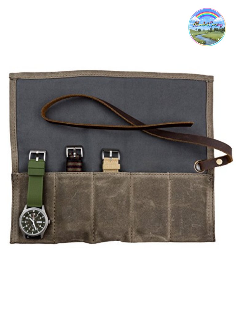 Waxed Canvas Watch Roll Travel Case For 5 Watches Leather Trim Genuine Leather